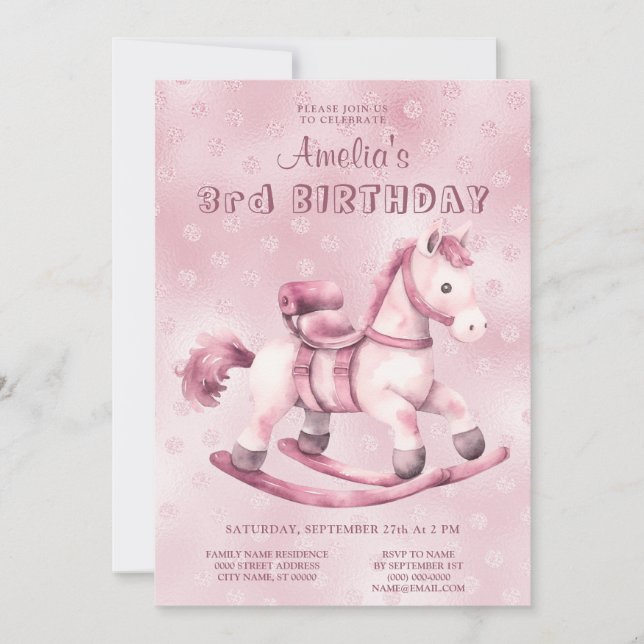 Invitación Cumpleaños del caballo rosado de roca (Anverso)