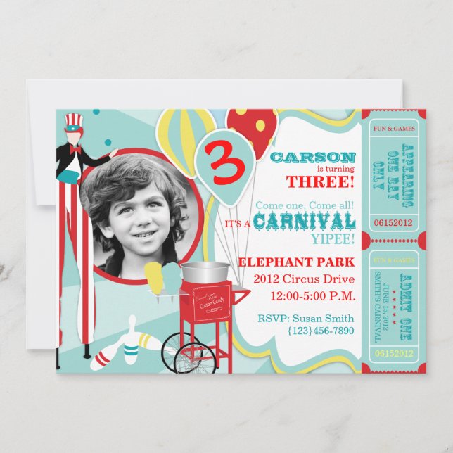 Invitación Cumpleaños del caminante del zanco del carnaval y (Anverso)