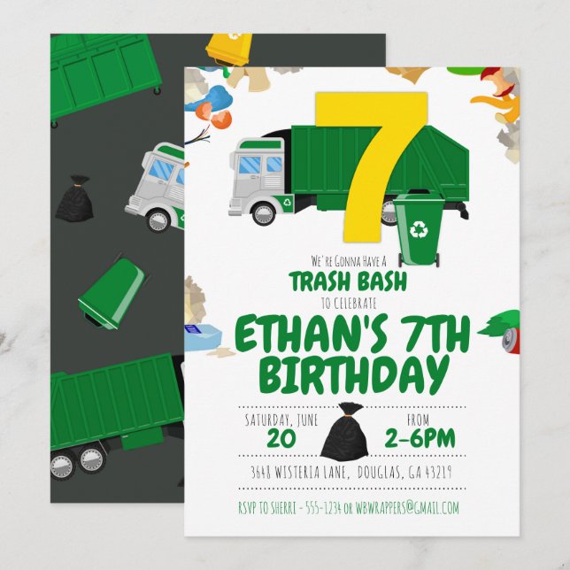 Invitación Cumpleaños del camión de basura, camión de basura (Anverso / Reverso)