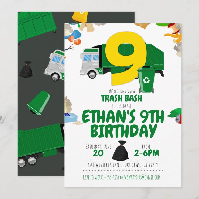 Invitación Cumpleaños del camión de basura, Camión de basura  (Anverso / Reverso)