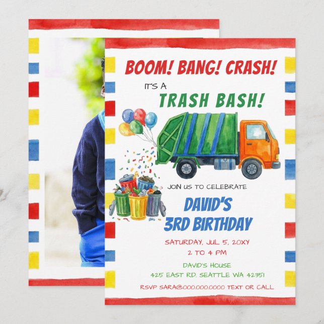 Invitación Cumpleaños del camión de basura Colorful Trash Bas (Anverso / Reverso)