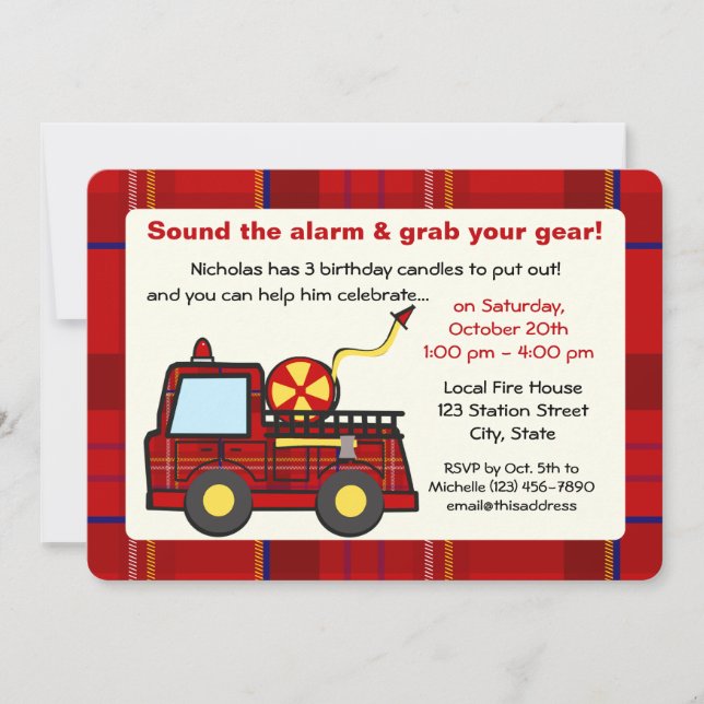 Invitación Cumpleaños del camión de bomberos (Anverso)