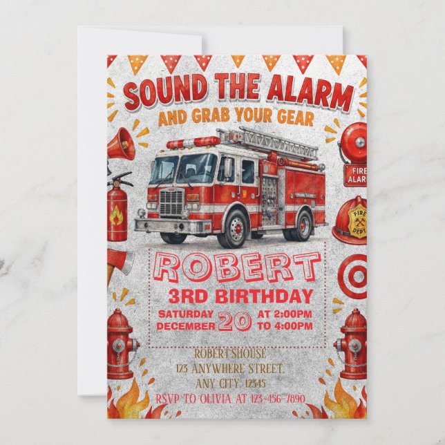 Invitación Cumpleaños del Camión de Bomberos Editable (Anverso)