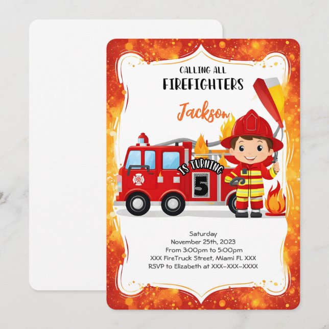 Invitación Cumpleaños del Camión de Bomberos Editable Boy (Anverso / Reverso)