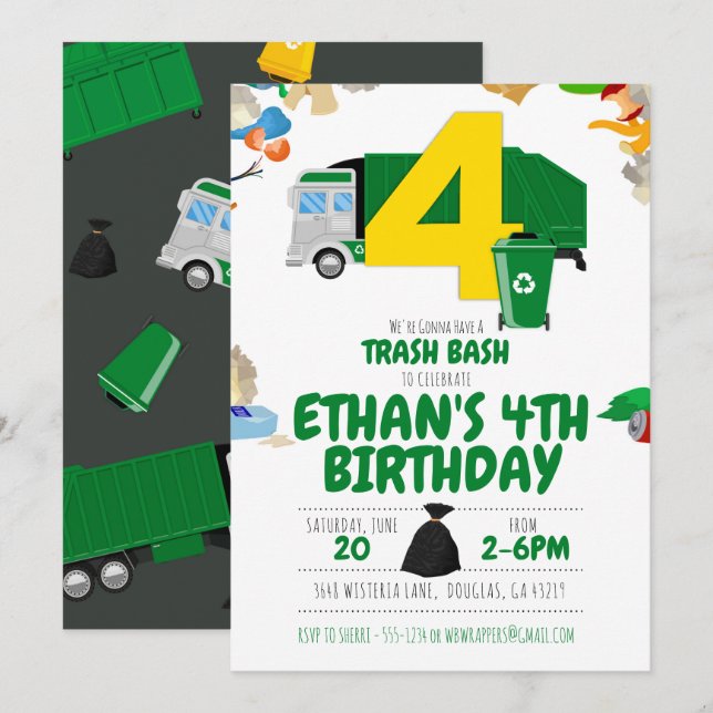 Invitación Cumpleaños del camión de la basura, Camión de la b (Anverso / Reverso)
