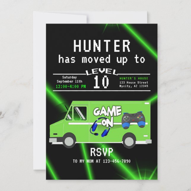 Invitación Cumpleaños del Camión de Videojuegos Infantil (Anverso)