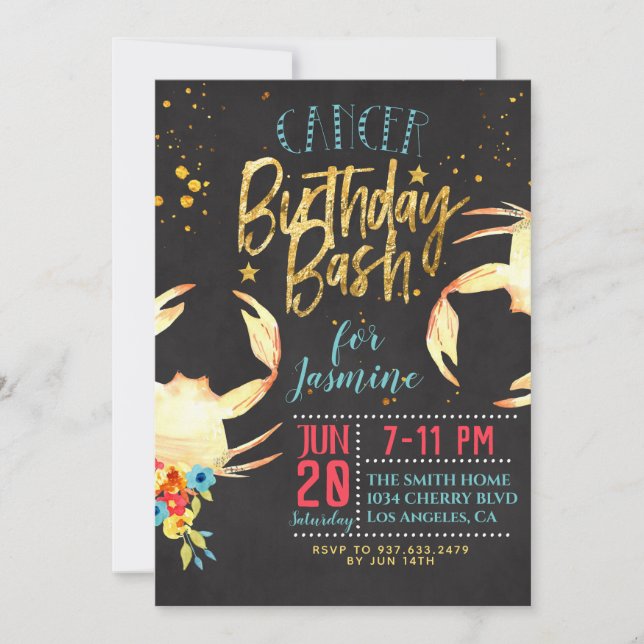 Invitación Cumpleaños del Cáncer de Zodiaco (Anverso)