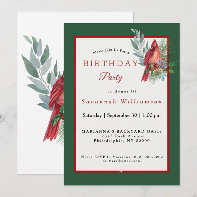 Invitación Cumpleaños del Cardenal Rojo de los navidades (Anverso / Reverso)