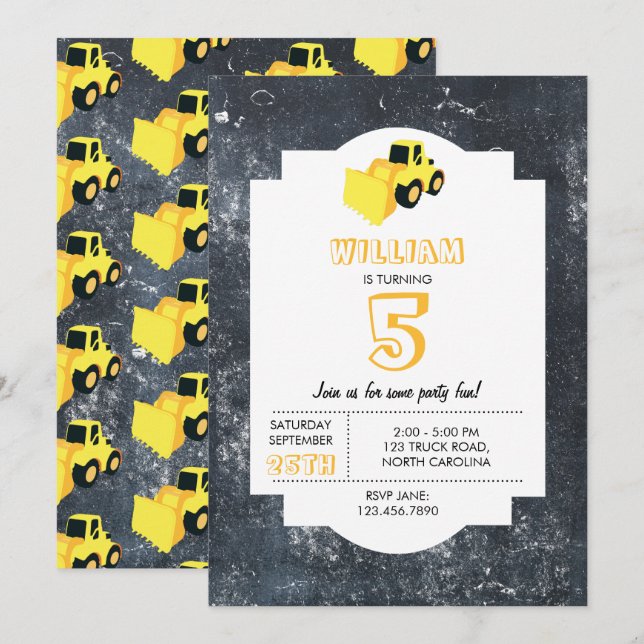 Invitación Cumpleaños del cargador delantero de construcción  (Anverso / Reverso)