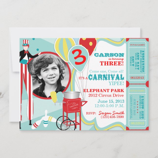 Invitación Cumpleaños del Carnaval Circo Stilt Walker (Anverso)