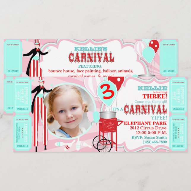 Invitación Cumpleaños del Carnaval Circo Stilt Walker (Anverso / Reverso)