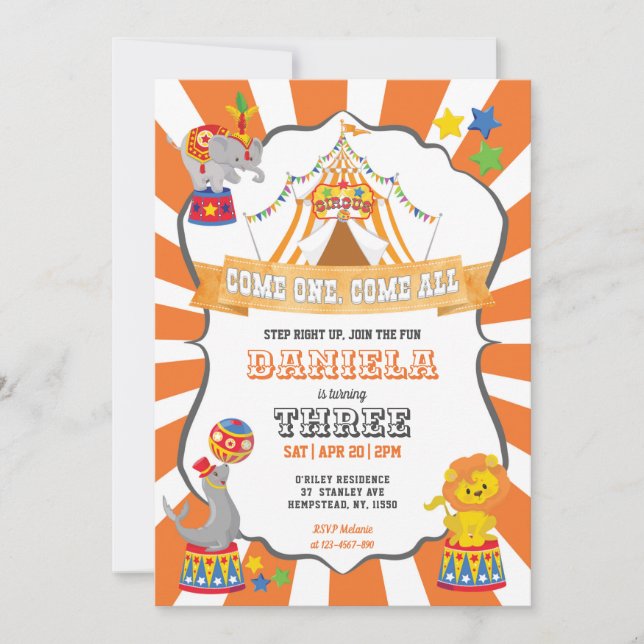 Invitación Cumpleaños del Carnaval del Circo Naranja (Anverso)