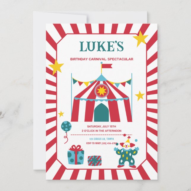Invitación Cumpleaños del Carnaval Red Playous Circus (Anverso)