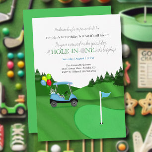 Invitación Cumpleaños del Carrito de Golf Azul Hole In One 1e
