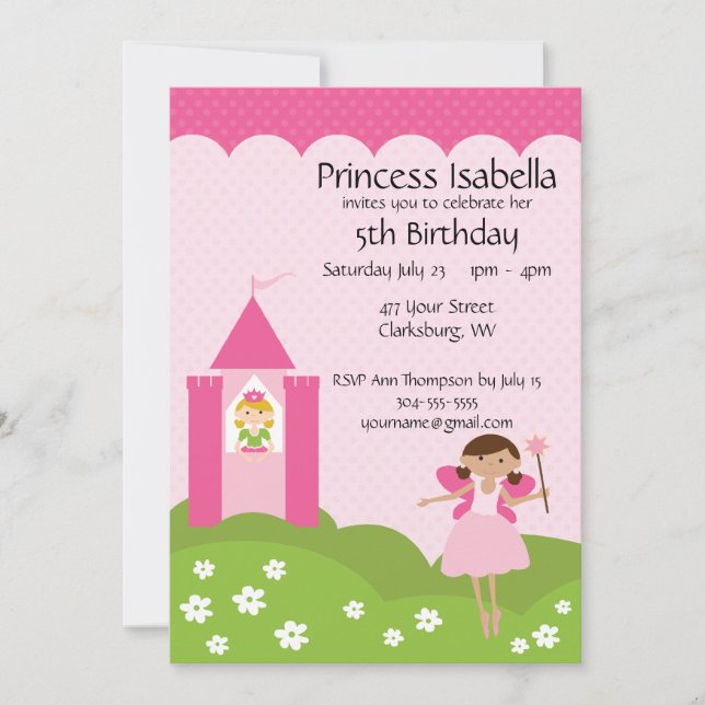 Invitación Cumpleaños del castillo de la princesa de hadas (Anverso)
