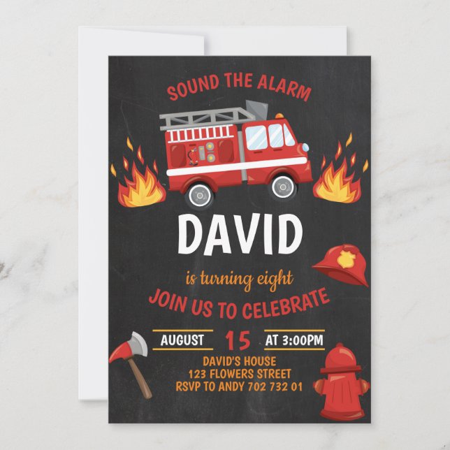 Invitación Cumpleaños del Chalkboard Firetruck (Anverso)