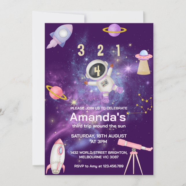 Invitación Cumpleaños del chica Astronauta Space (Anverso)