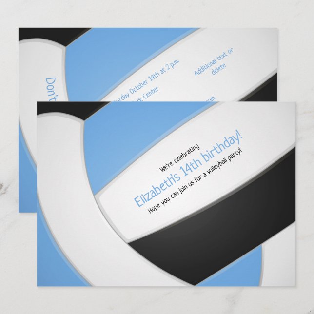 Invitación cumpleaños del chica azul claro de voleibol negro (Anverso / Reverso)