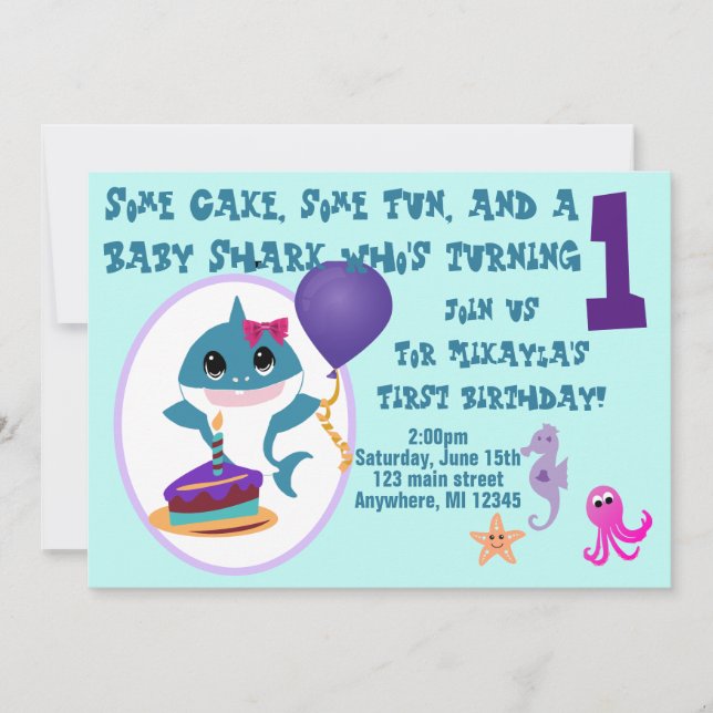 Invitación Cumpleaños del chica Baby Shark (Anverso)