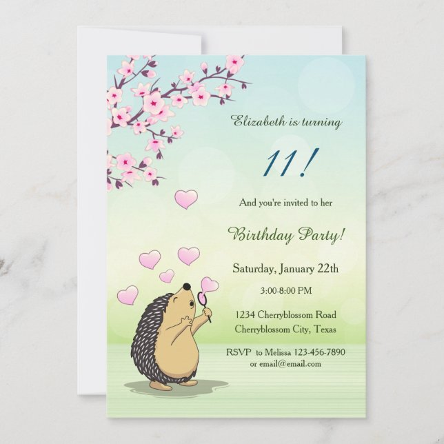 Invitación Cumpleaños del Chica Cute Hedgehog Cherry Blossom (Anverso)