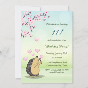 Invitación Cumpleaños del Chica Cute Hedgehog Cherry Blossom