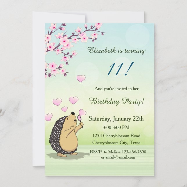 Invitación Cumpleaños del Chica Cute Hedgehog Cherry Blossom (Anverso)