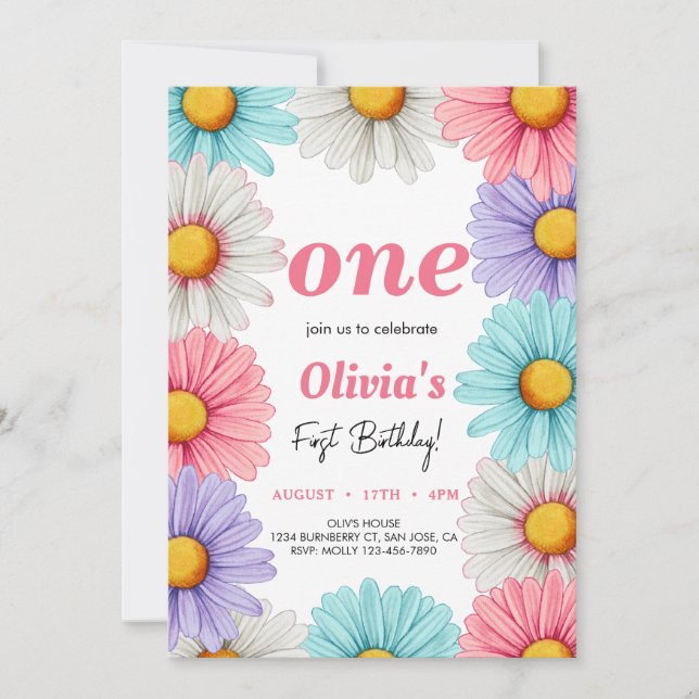 Invitación Cumpleaños del Chica Cute Pastel Daisy (Anverso)