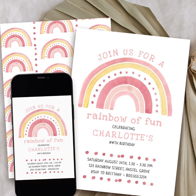 Invitación Cumpleaños del Chica de Arte Rainbow Pastel Doodle (Rainbow of fun girls birthday invitation)
