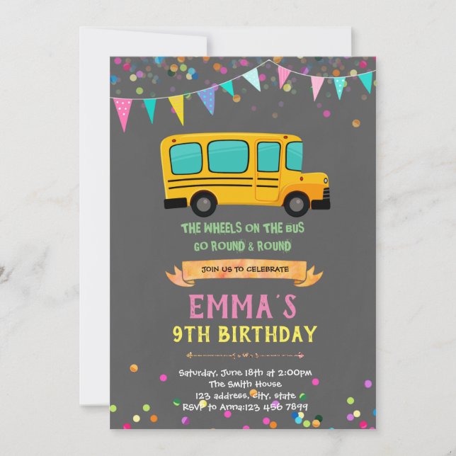 Invitación Cumpleaños del chica de autobús escolar (Anverso)