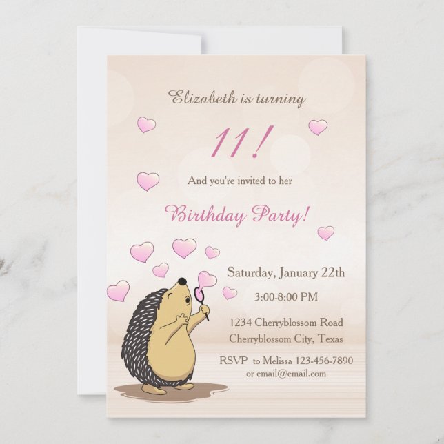 Invitación Cumpleaños del Chica de Cute Hedgehog Autmn (Anverso)