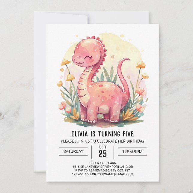 Invitación Cumpleaños del Chica de Dinosaurio Magnético Digit (Anverso)