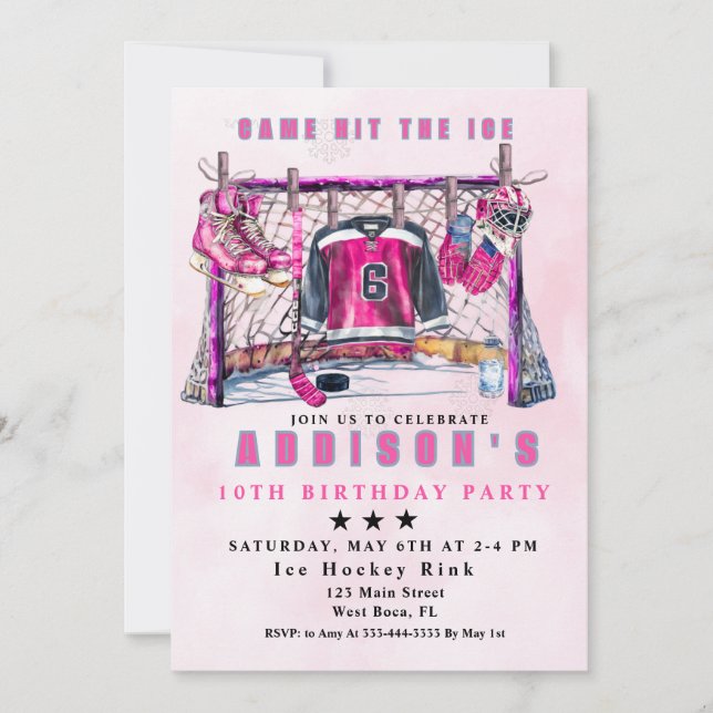 Invitación Cumpleaños del Chica de Hockey sobre Hielo (Anverso)