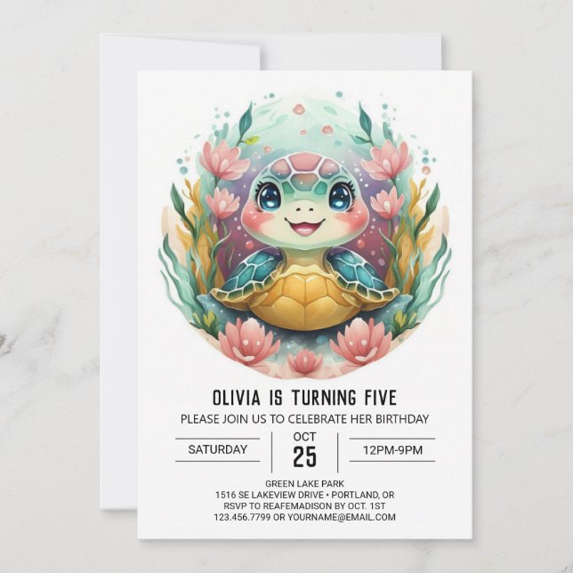 Invitación Cumpleaños del Chica de la tortuga Boho (Anverso)