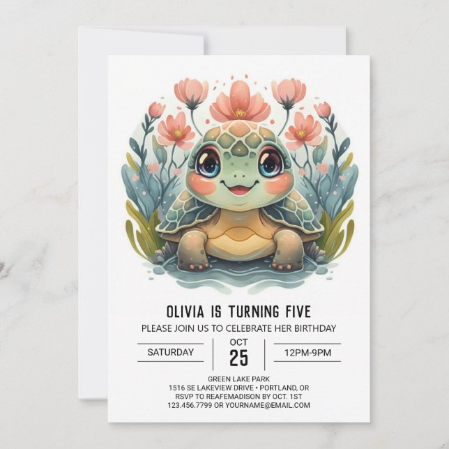 Invitación Cumpleaños del Chica de la Tortuga Feliz Editable (Anverso)