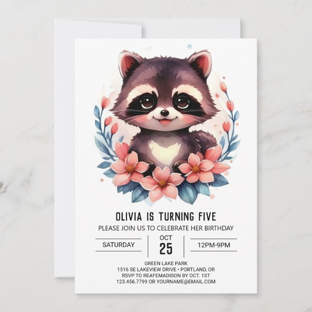 Invitación Cumpleaños del Chica de mapaches digital infantil (Anverso)