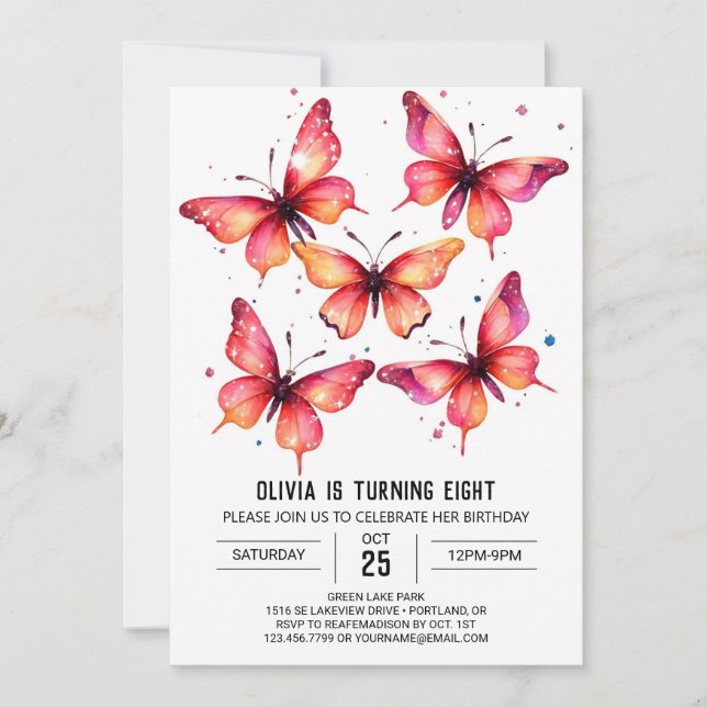 Invitación Cumpleaños del Chica de mariposa en línea (Anverso)