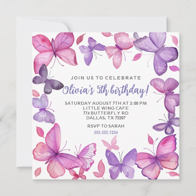 Invitación Cumpleaños del Chica de mariposa morado y rosa (Anverso)