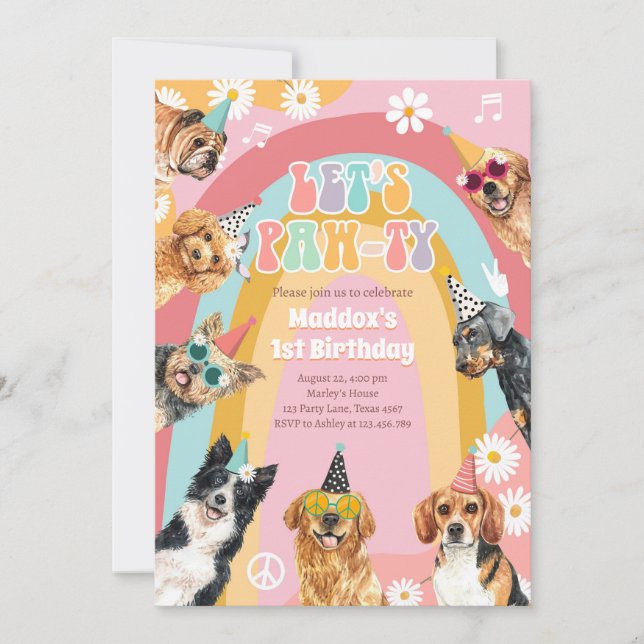 Invitación Cumpleaños del Chica de Pawty Dog Retro Groovy (Anverso)