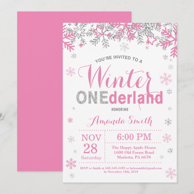 Invitación Cumpleaños del chica de plata rosado de Onederland (Anverso / Reverso)