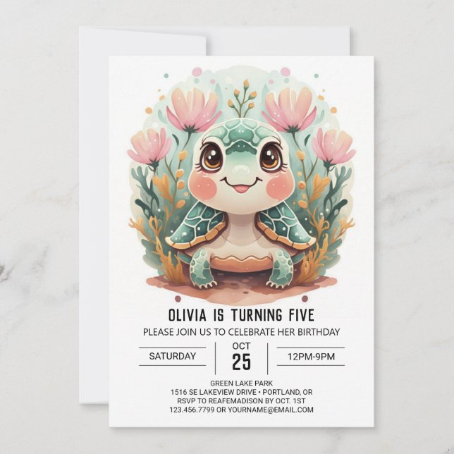 Invitación Cumpleaños del Chica de tortugas subacuáticas impr (Anverso)