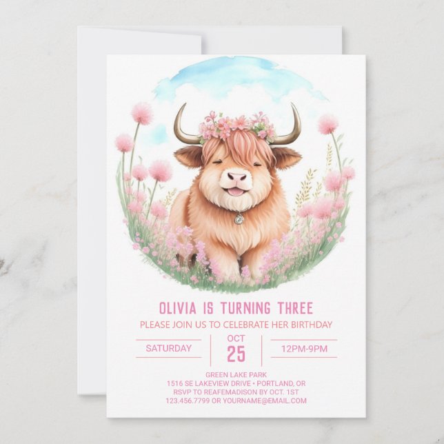 Invitación Cumpleaños del Chica de Vaca Rosa Highland (Anverso)
