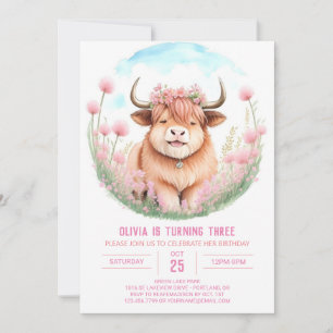 Invitación Cumpleaños del Chica de Vaca Rosa Highland