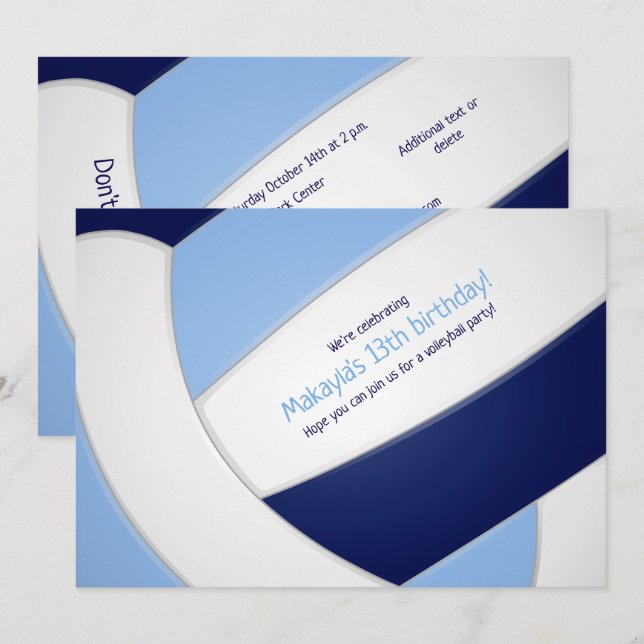 Invitación cumpleaños del chica de voleibol marino azul claro (Anverso / Reverso)