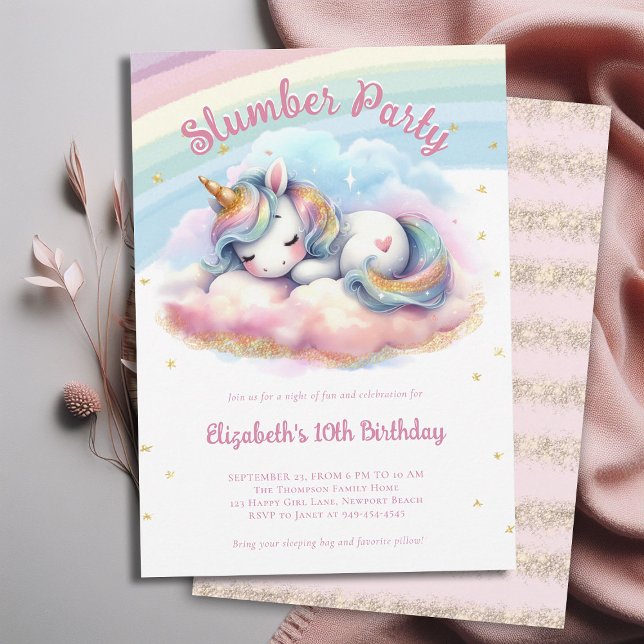 Invitación Cumpleaños del Chica del Fiesta Magnífico Unicorni (magical unicorn child girls slumber pajama pj sleepover party invitation teal pink purple gold)