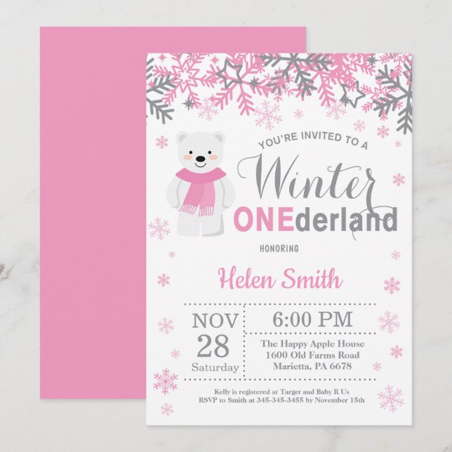Invitación Cumpleaños del chica del oso polar de Onederland (Anverso / Reverso)