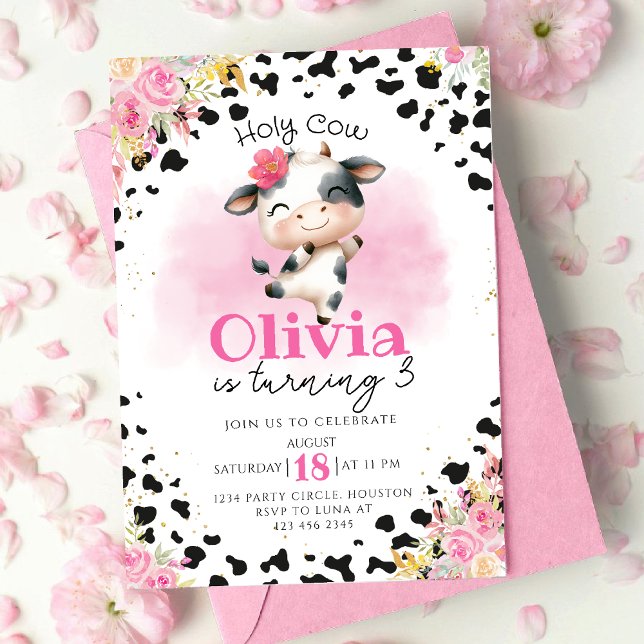 Invitación Cumpleaños del Chica Floral Rosa de Vaca Santa (Subido por el creador)