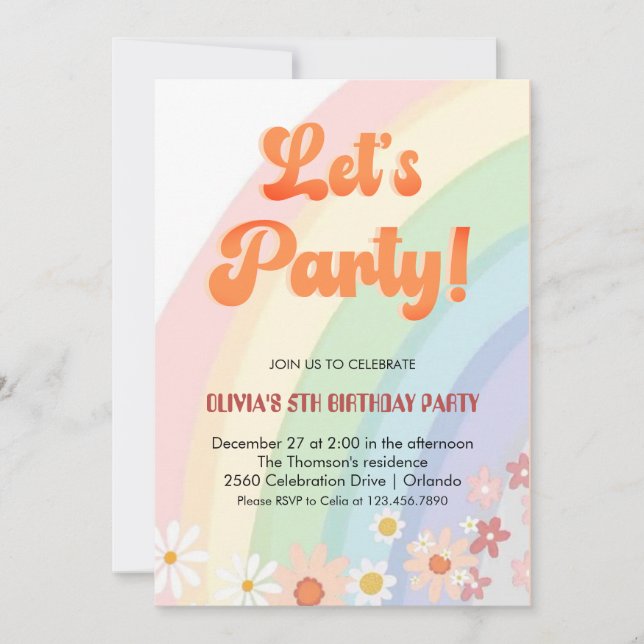 Invitación Cumpleaños del Chica Groovy Retro Rainbow (Anverso)