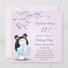 Invitación Cumpleaños del Chica Kokeshi Doll Cherry Blossoms