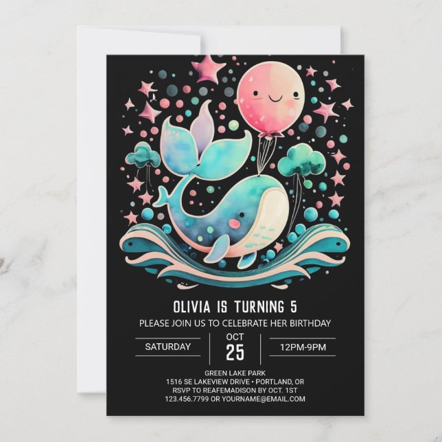 Invitación Cumpleaños del Chica Náutico de Ballenas Rosadas (Anverso)