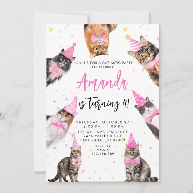 Invitación Cumpleaños del CHICA PINK Temático del Gato (Anverso)